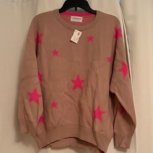 First Love Women's Tan Sweater with Pink Stars